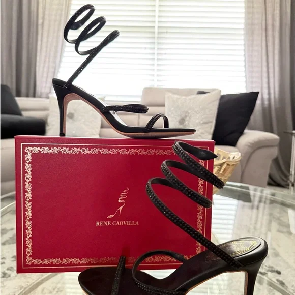 🤩✨RENE CAOVILLA Cleo Snake embellished sandal black leather rhinestone heels 9 - Picture 1 of 13